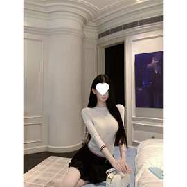 圆领韩系撞色七分袖针织恤女秋季修身内搭小个子紧身打底衫上衣