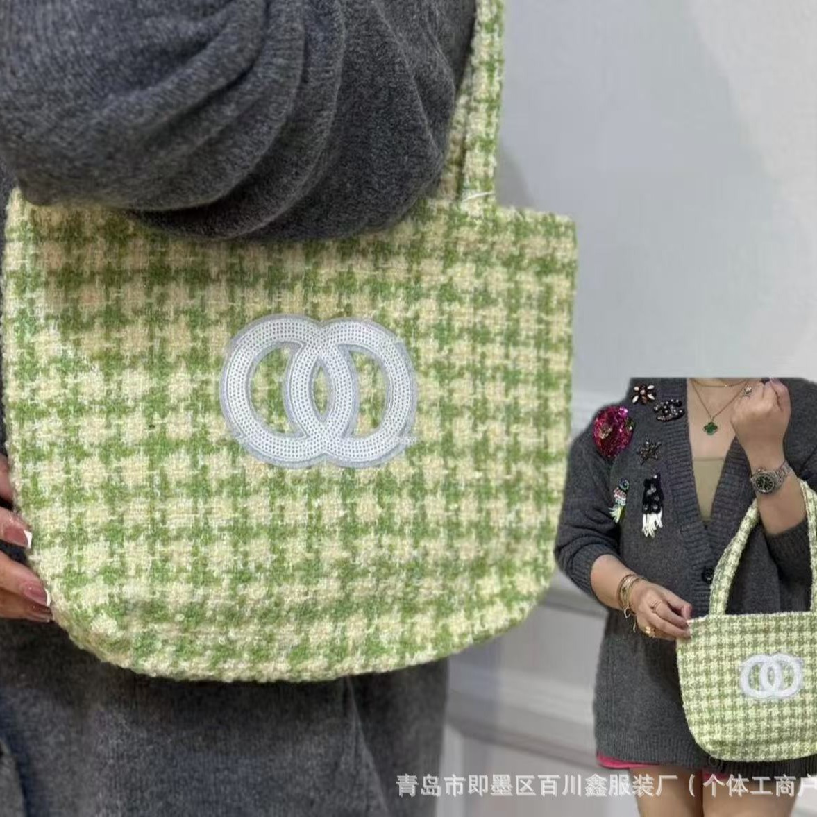 跨境外单uniform手提帆布包毛呢秋冬图案印花设计双c标志托特女包
