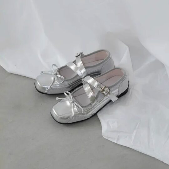 French New ~ silver Square Toe Shallow Mouth Mary Jane Shoes Women's Spring and Summer New Genuine Leather Bow Ballet Shoes