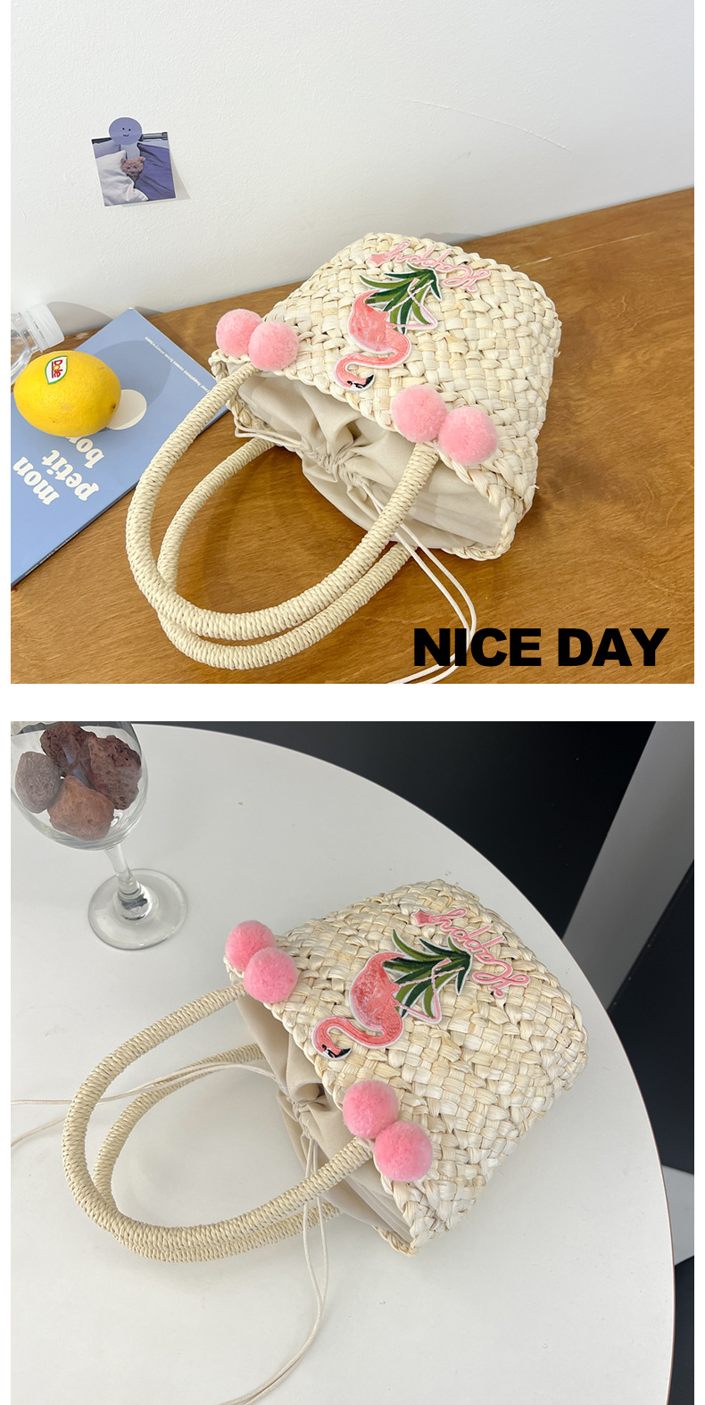 Women's Small Straw Letter Flamingo Flower Vacation Beach Weave Open Straw Bag display picture 34