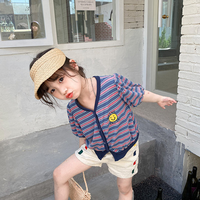 2021夏季童装新款韩版中小童女宝撞色条纹笑脸泡泡袖开衫短袖T恤