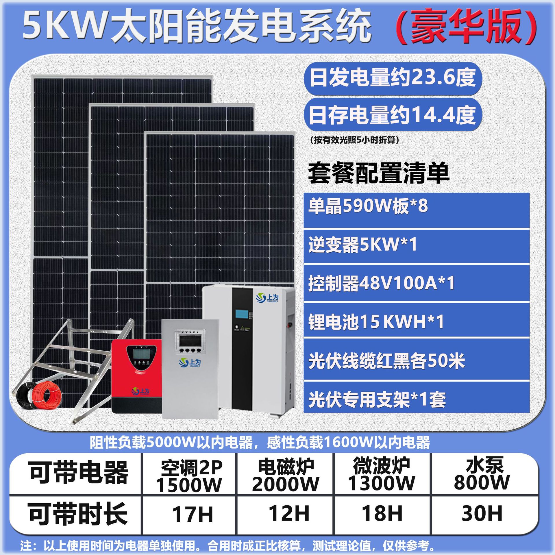 工频逆变器5KW太阳能离网发电储能家用220V光伏发电铁锂电池15KWH