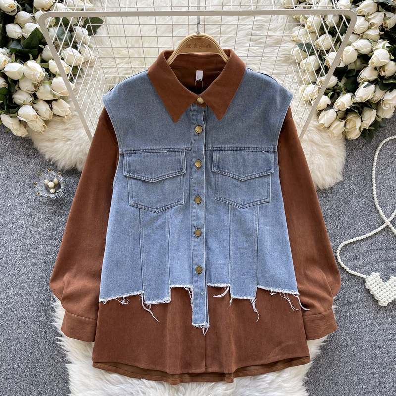 Dongdaemun Spring New Design Fake Two-Piece Shirt for Women with Irregular Frayed Edges and Color-Block Denim Top Trend