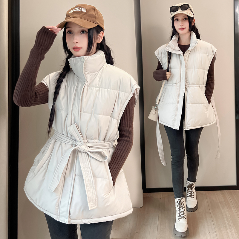 羽绒棉马甲女2025新款秋冬收腰背心立领系带欧美风坎肩马夹外套|undefined