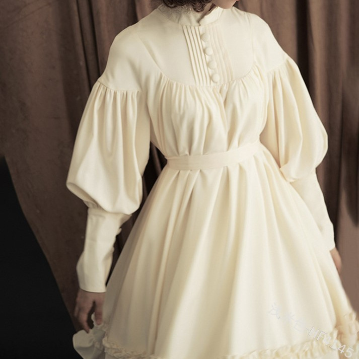 日系メイドcos服新作長袖ゆったりボタン立襟レース灯籠袖飾り純色lワンピース|undefined