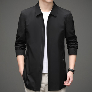Middle-aged men's fashion casual thin lapel mid-length windbreaker spring and autumn black zipper jacket solid color coat