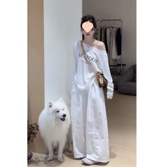 时尚一整套女感2025新款印花斜肩长袖休闲风阔腿裤两件套白色上衣