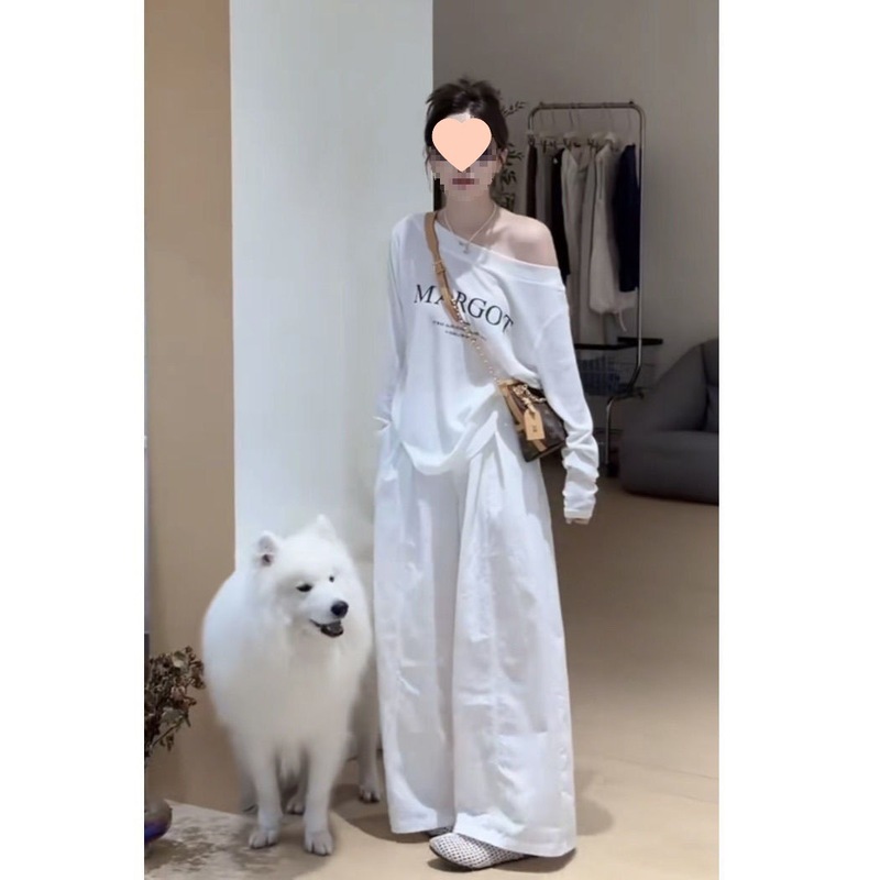时尚一整套女感2025新款印花斜肩长袖休闲风阔腿裤两件套白色上衣|undefined