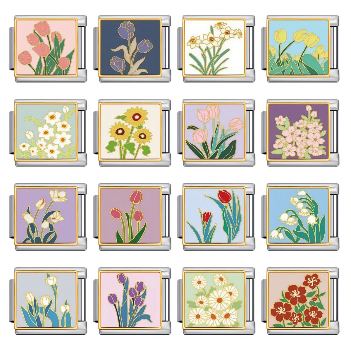 方块金边花卉钛钢表带链 镀金焊接滴油DIY意大利模块手链配件