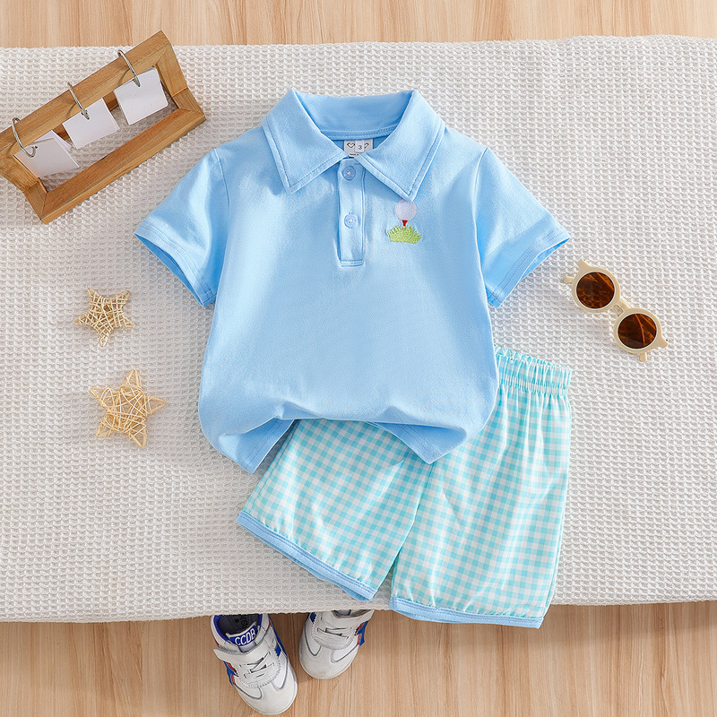 Refreshing Light Blue Kidsren's Casual Suit Summer Boys' Golf Embroidered Polo Shirt Plaid Shorts Two-Piece Trendy Set