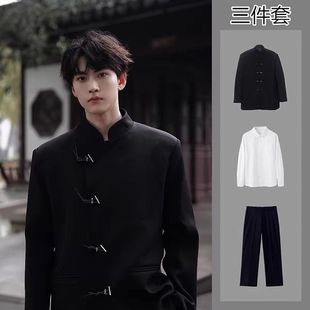 New Chinese Style Suit Jacket Men's Niche Design Sense Chinese Style Suit High-end Sense Vertical Collar Top Shoulder Pad Tunic Suit