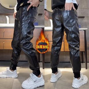 Trendy Brand Black Leg Leg Casual Pants Windproof Leather Pants Men's Fashionable Internet Popular fleece-lined Warm All-match Harlan Leg Pants