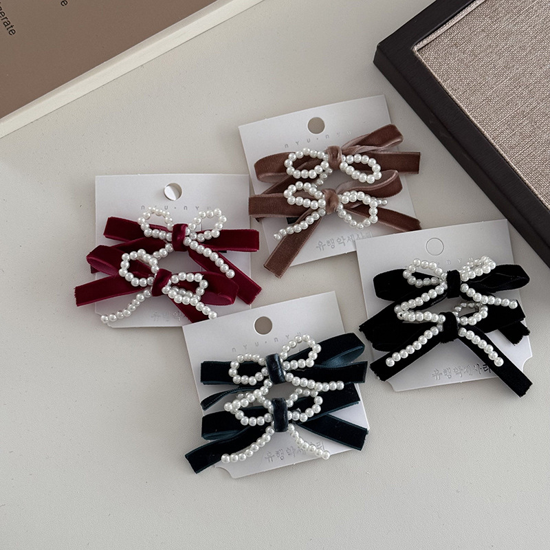 Handgjord pärlrosett sammet hårnål kvinnlig lugg klämma tillbaka huvudbonad håraccessoarer flicka sida klämma topp klämma håraccessoarer_voghion.com