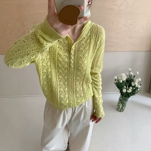 Real Shot of French Style Super Good-Looking and Sweet Retro Half-Button Long-Sleeved Spring Cut Out Versatile Woolen Sweater That Covers the Flesh 3128