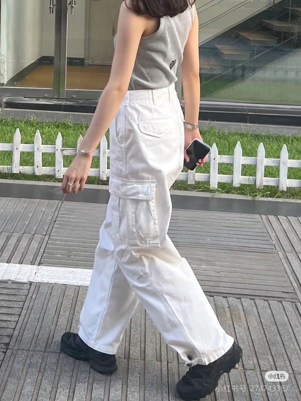 スポット韓国 TheBarnnet ワークウェア カジュアル パンツ コットン ストレート パンツ ガールズ ハイウエスト スリム マルチポケット|undefined