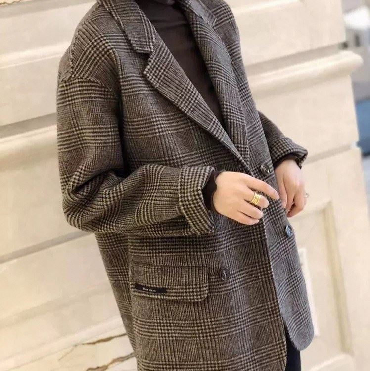 秋冬装新款夹棉加厚双面羊绒大衣小个子英伦格子西装呢外套咖啡色