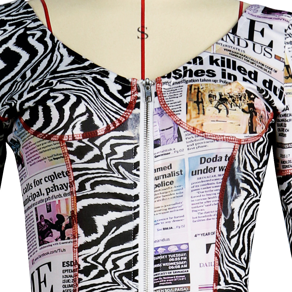 Newspaper Printing Regular Zipper V-Neck Low Cut Skinny Long Sleeve Sexy Midi Dress