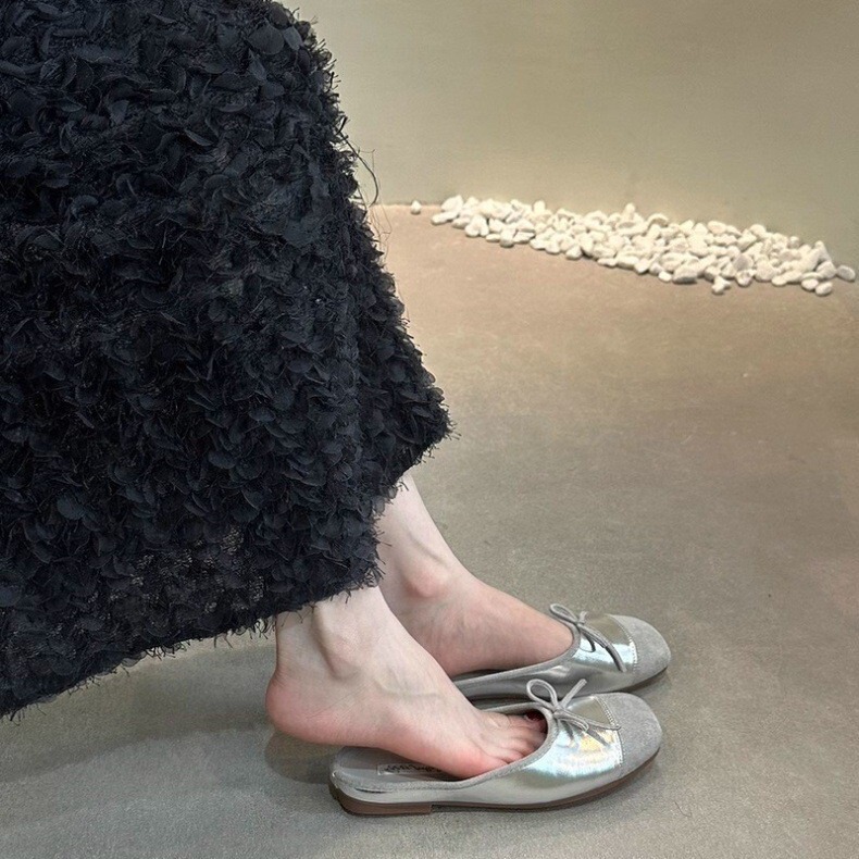 Sheepskin Version ~ Ballet Baotou Half Slippers Women's Summer Flat Outwear Soft Bottom Bow silver French Sandals