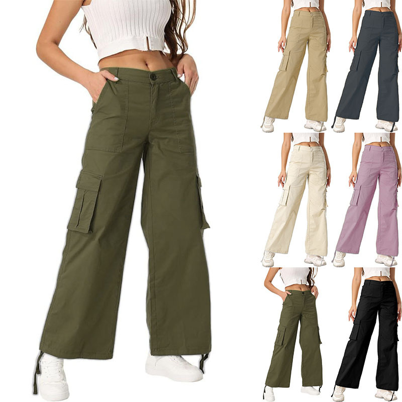Cross-Border European and American Amazon Cargo Pants Wide-Leg High-Waisted Women's Multi-Pocket Personality Street Loose Straight-Leg Long Pants Women Cross-Border European and American Amazon Cargo Pants Wide-Leg High-Waisted Women's Multi-Pocket Personality Street Loose Straight-Leg Long Pants Women