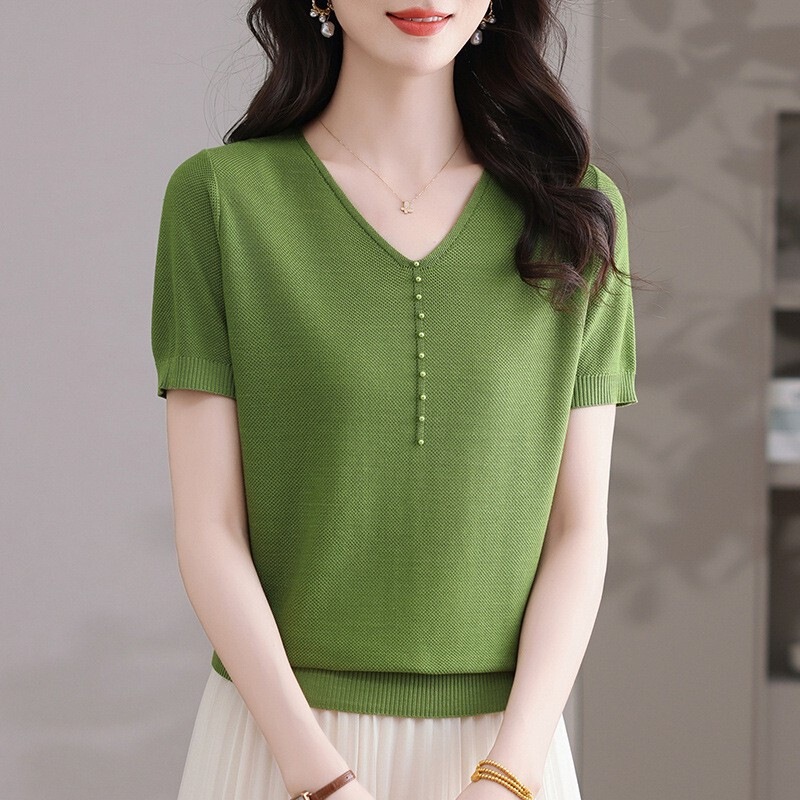 V-Neck Short-Sleeved Women's T-Shirt 2025 New Arrival Lessel Tencel Young Mother's Loose Short Stylisch Shirt Top