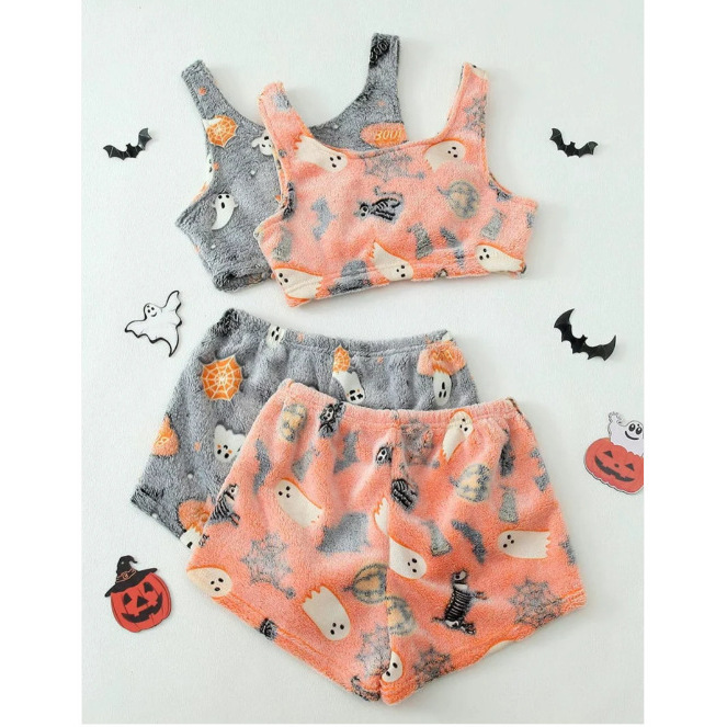 Foreign Trade Halloween Luminous Flannel Pajamas for Women Autumn and Winter Fleece-Lined Warm Casual Home Suit Graffiti Luminous