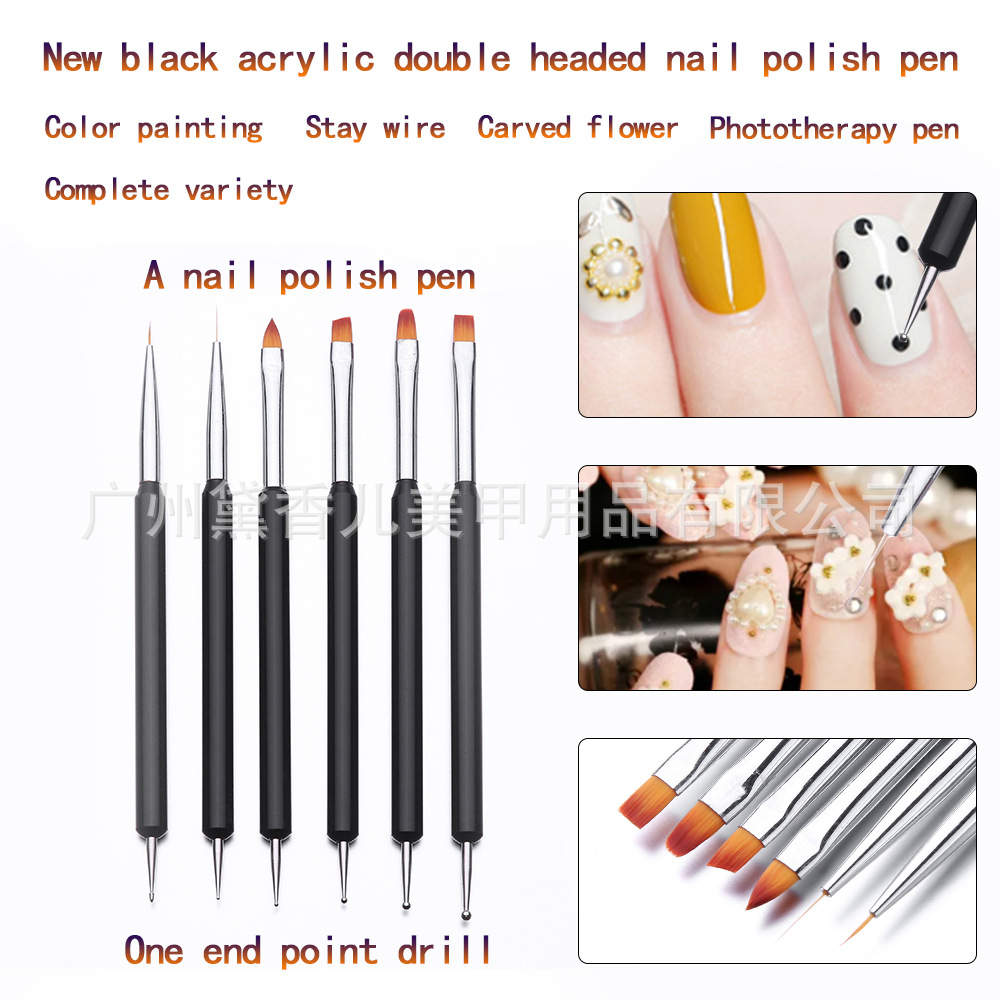Nail Art pen varilla de acrílico negro uñas de doble cabeza taladro pluma de dibujo pluma fototerapia nail art pen flor Aguja 6 sets