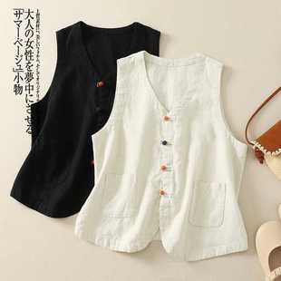 Actual Shot of 2025 New Chinese Retro Vest for Women with Button Closure, Sleeveless Cotton and Linen National Style Vest Jacket