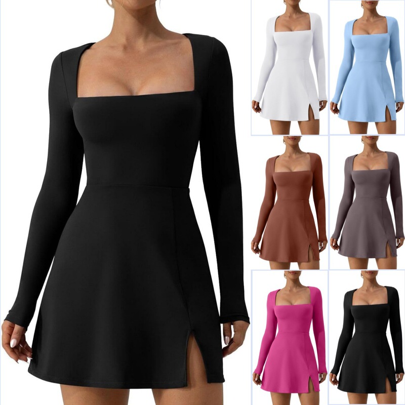 Amazon Cross-border Trade European and American Women's Women's Square Collar Corset Long Sleeve Vented Trumpet Mini dress