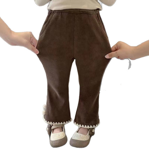 Women's Baby Outer Wearing Lace Edge Stylish Bell Bottom Pants, Versatile Long Pants for Girls, Autumn and Winter Thicken Long Pants