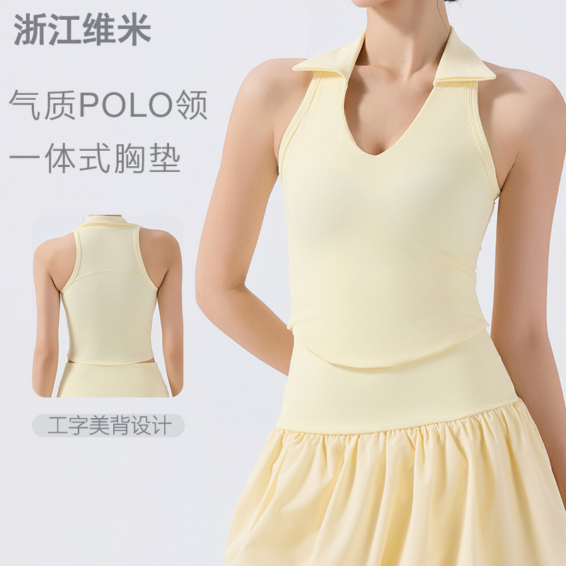 V-Neck Yoga Vest, Tennis and Badminton Fitness Wear with Chest Pads, Polo Lapel Sleeveless Sports Top with Beautiful Back Design