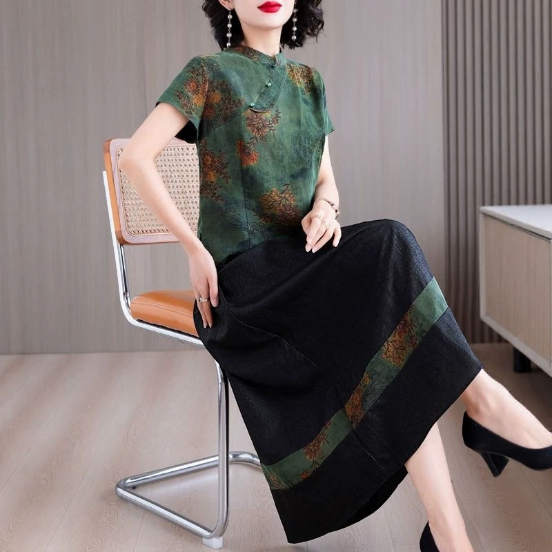 2026 Summer New Chinese Style Fashionable Retro Printed Two-Piece Dress Set for Mothers in Green