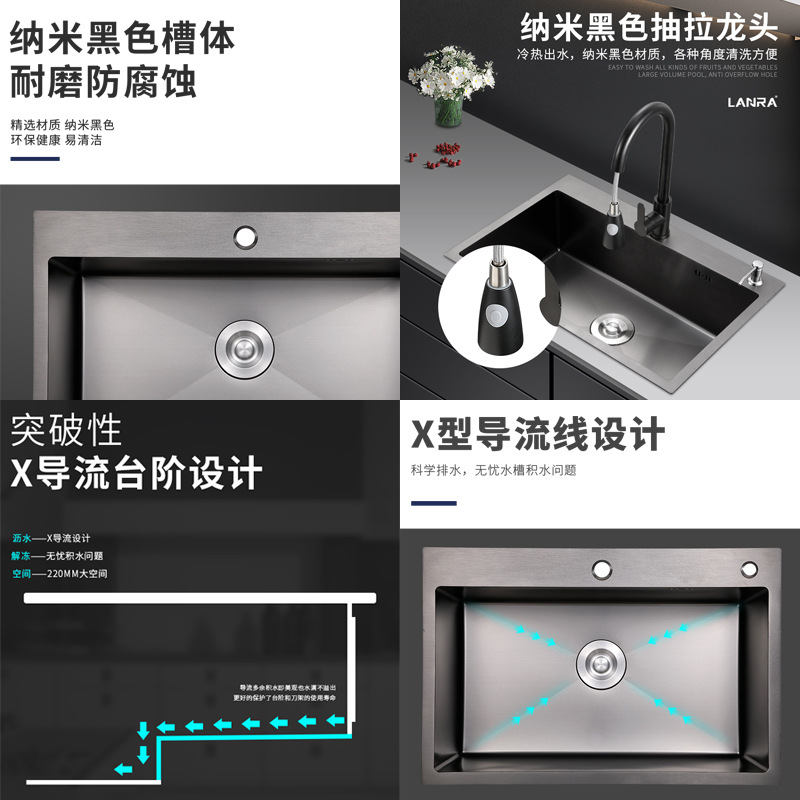 Nano negro fregadero sola ranura gran mesa bajo el mostrador Cuenca de la cocina del hogar 304 de acero inoxidable fregadero del fregadero