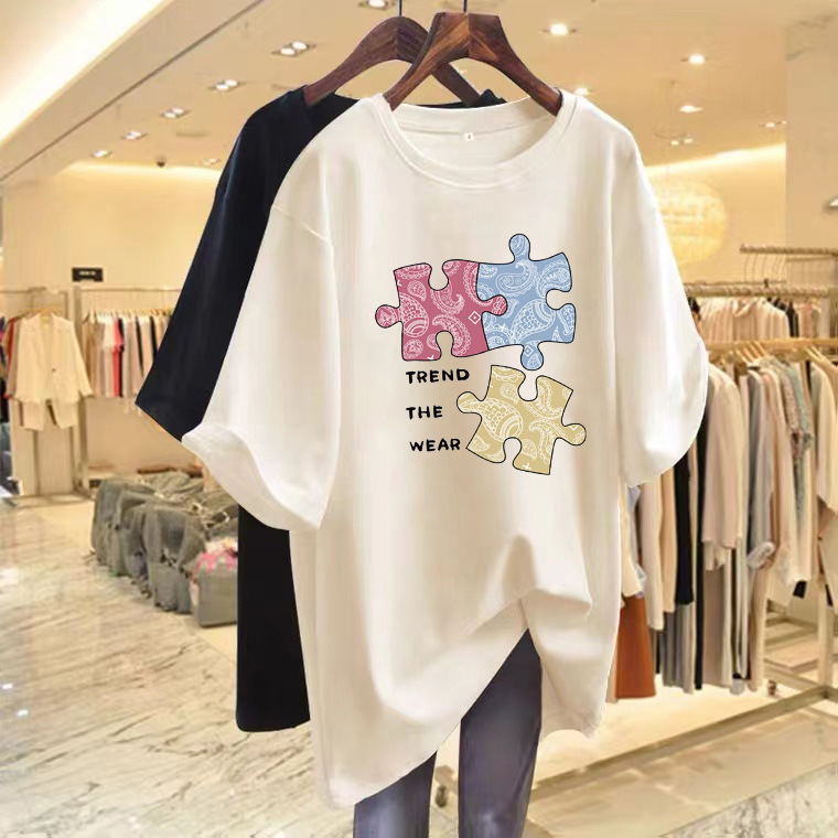 Cartoon puzzle letter print short-sleeved t-shirt for women, summer 2024 new style, loose casual versatile round neck slimming top