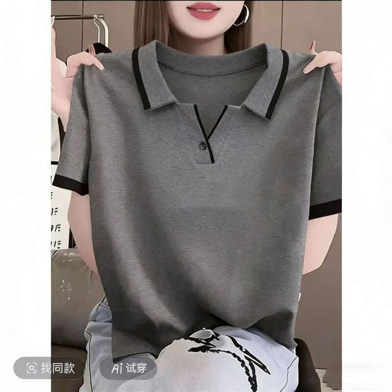 Lapel Short-Sleeved T-Shirt for Women, Summer Patchwork V-Neck New Style Polo Shirt, Sports Casual Top, Plus-Size Fashion Blouse
