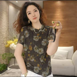 复古花卉印花薄款短袖T恤女2026夏季款洋气细闪亮片时尚气质小衫
