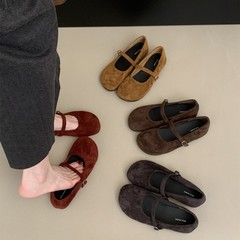 复古晚晚风绒面玛丽珍鞋子女秋冬新款红色芭蕾舞浅口软平底单鞋女