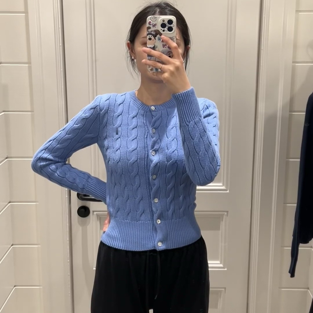 25 가을 겨울 여성용 말 자수 순면 케이블 니트 재킷