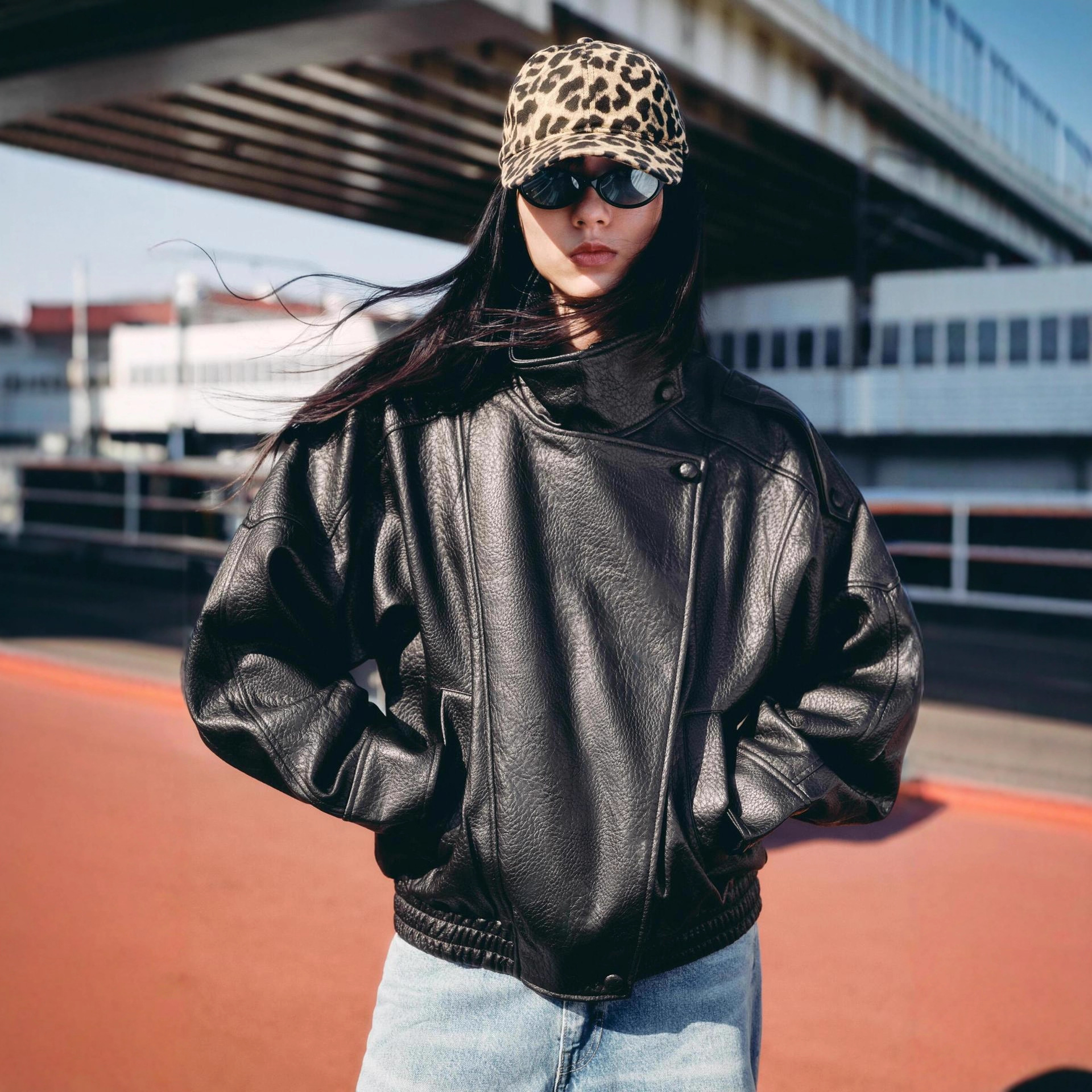 Cross-Border European and American Workwear Women's Fashion 2025 Autumn New Style Street Fashion Double-Collar Versatile Pebbled Leather Jacket