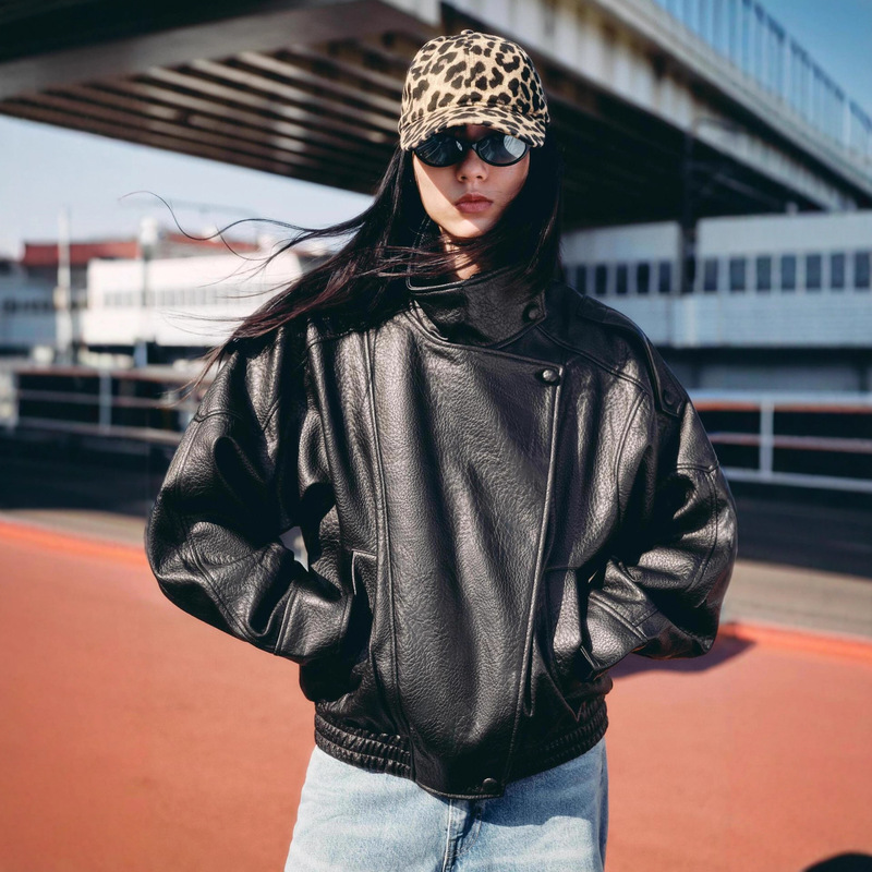 Cross-Border European and American Women's Fashion 2025 Autumn New Stylish Street Style Double-Collar Versatile Lychee Pattern Faux Leather Jacket Cross-Border European and American Women's Fashion 2025 Autumn New Stylish Street Style Double-Collar Versatile Lychee Pattern Faux Leather Jacket