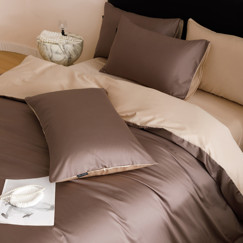 Nordisch-französisches minimalistisches Retro-Set aus langstapeliger Baumwolle, vierteilig, Satinbindung, Bettbezug aus 100 % reiner Baumwolle, leichter Luxus im nordischen Stil, einfarbig_voghion.com