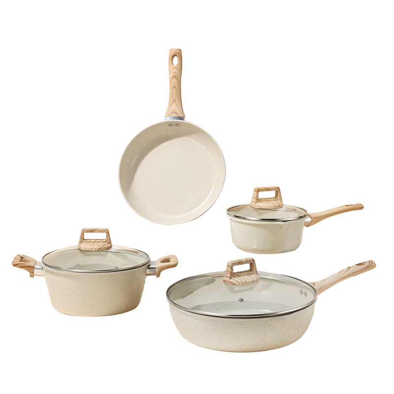 Juego de utensilios de cocina transfronterizo, sartén antiadherente, sartén de piedra de mármol, olla para sopa, juego universal de cuatro piezas para estufa, sartén para cocinar en el hogar
