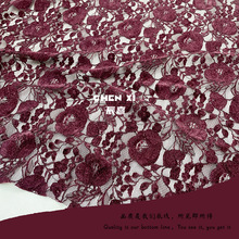 安可拉红蕾丝面料 锦涤秋冬雪尼尔磨毛绒感女装时装蕾丝礼服布料