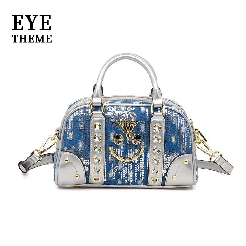 Jean bordado sequinado periódico de mano 2025 almohada casual estilo mini troquero periódico de dibujos animados de color contraste # 2824