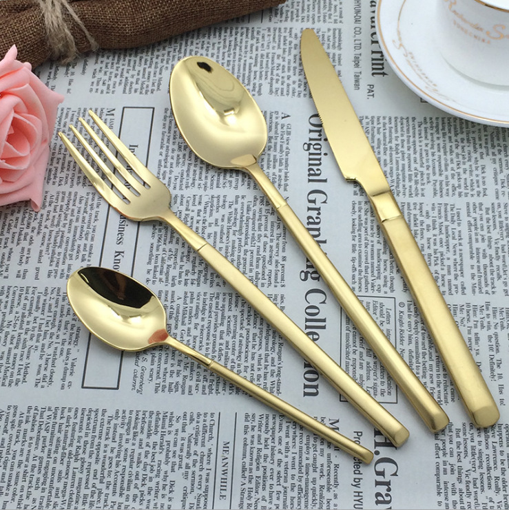 Portuguese Square Handle And Set Three-Piece European Style Gold Stainless Steel Western Cutlery Knife Fork Spoon_voghion.com