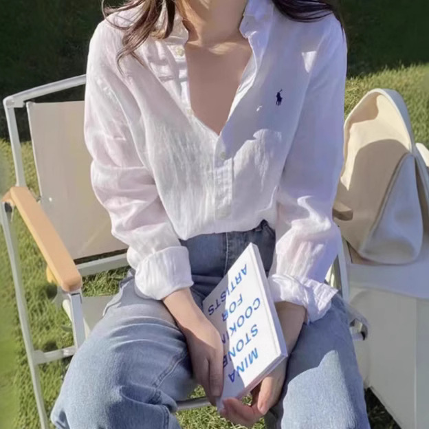 Pony Embroidered Powder Top Spring and Summer New Arrival Linen Long-Sleeved Casual Shirt Loose Niche Sunscreen Shirt for Women