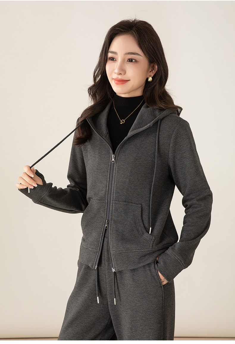 Bộ đồ thể thao nữ hai mảnh giả cashmere mũ trùm dáng rộng phong cách Hàn Quốc — Màu xám (bộ hai món) chi tiết 12
