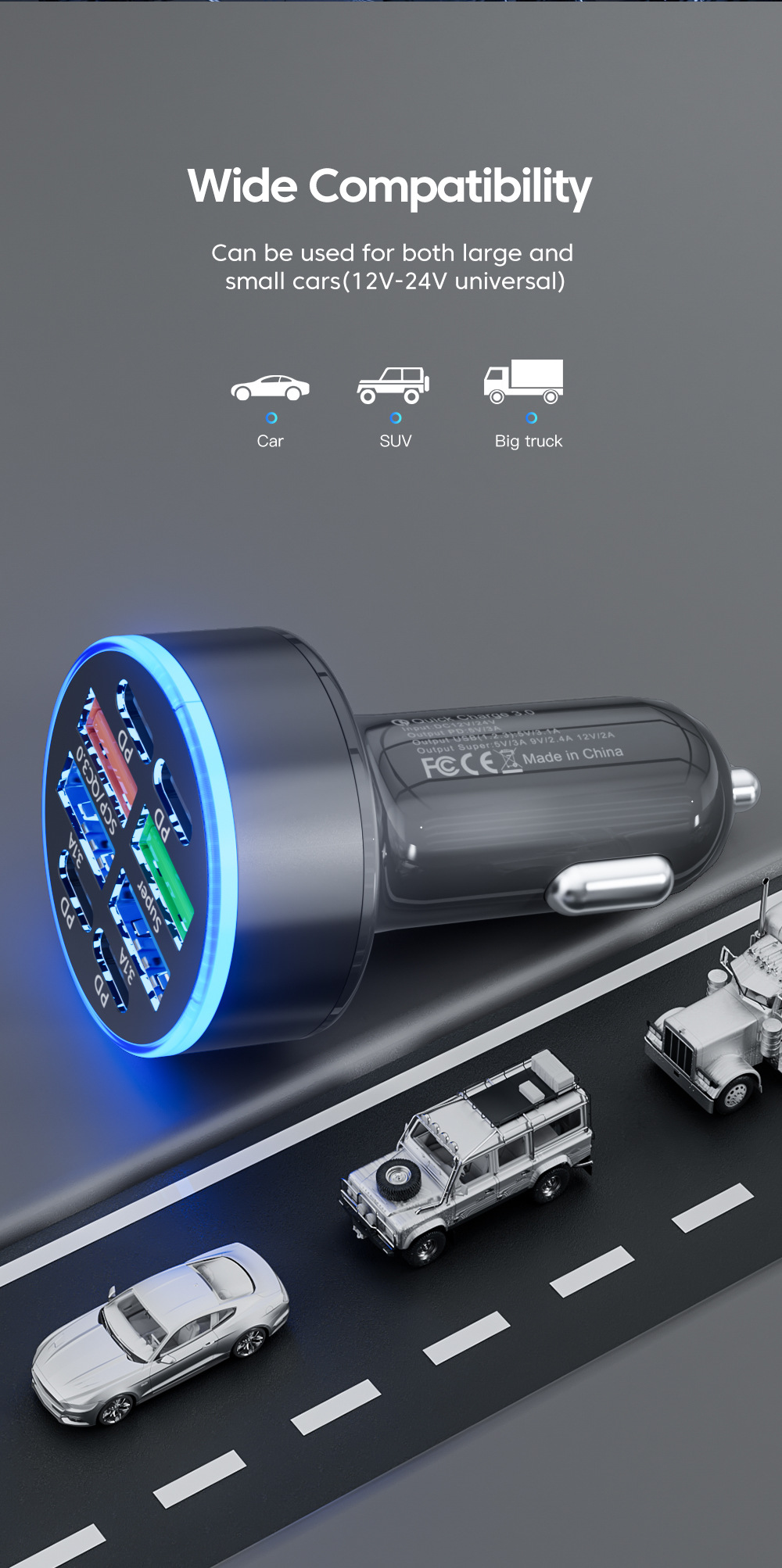 Multi-port with digital display support super fast charging 6/8 port with voltage vehicle-mounted one-to-six/8-car fast charging cross-border