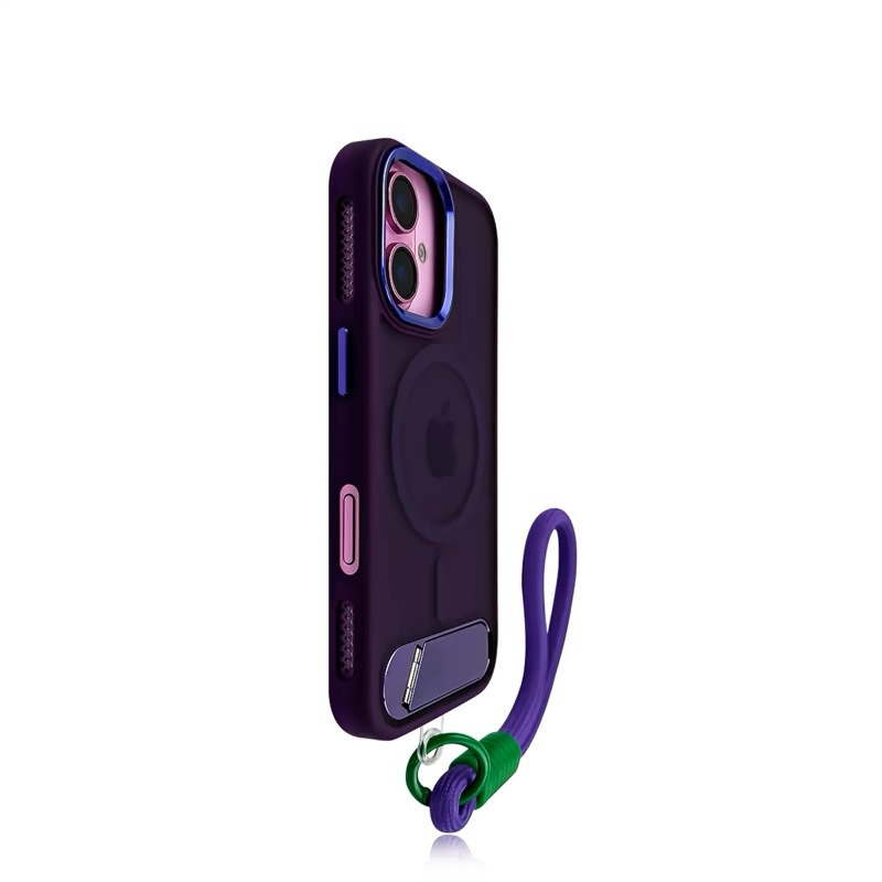 适用苹果16手机壳磁吸金属支架iPhone15promax肤感磨砂带挂绳手绳|undefined