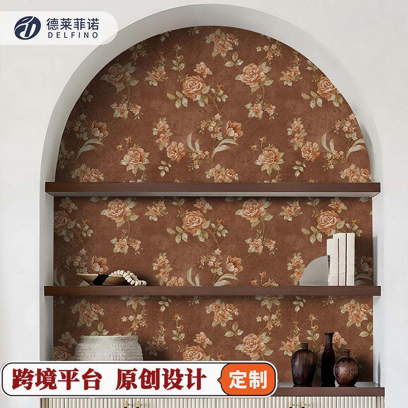复古美式玫瑰花墙纸卧室家具翻新贴纸改色鞋柜衣柜门移门改造壁纸