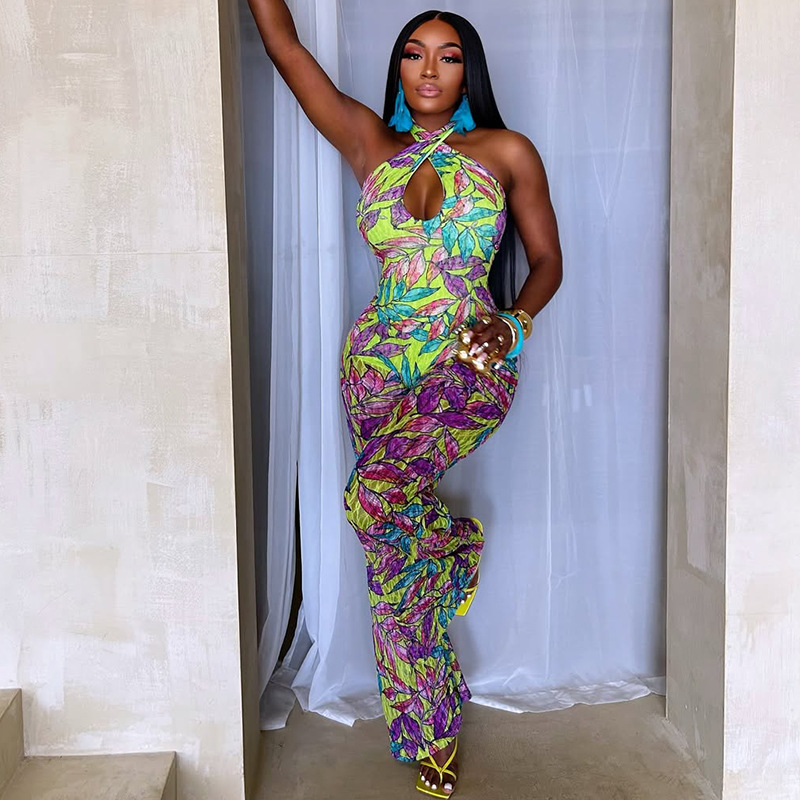 European and American Cross-Border Women's Printed Loose and Comfortable Waist Jumpsuit Cross Halterneck Cut Out Back Sexy Jumpsuit